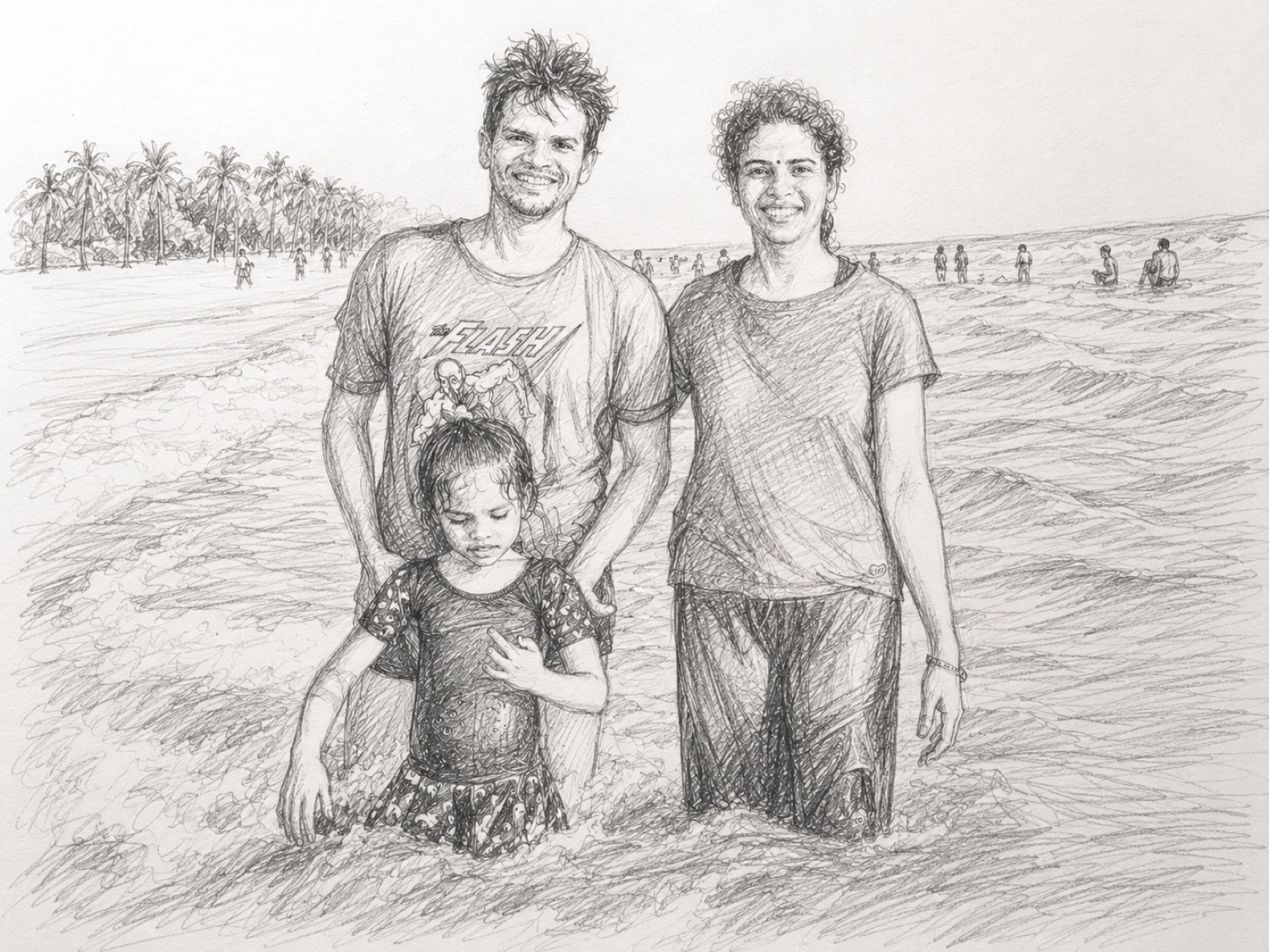 Pencil sketch of Amit Marathe with his family at the beach