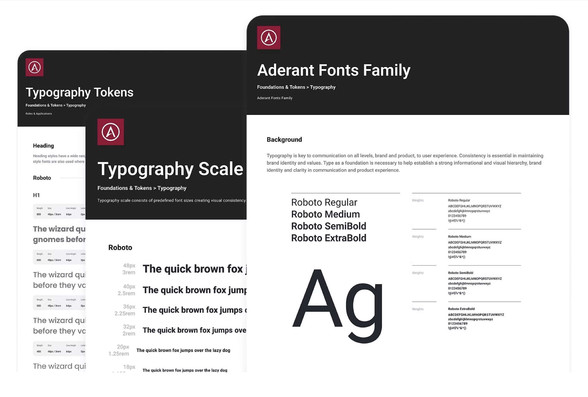 Aderant design system documentation: typography tokens, typography scale and the Roboto font family